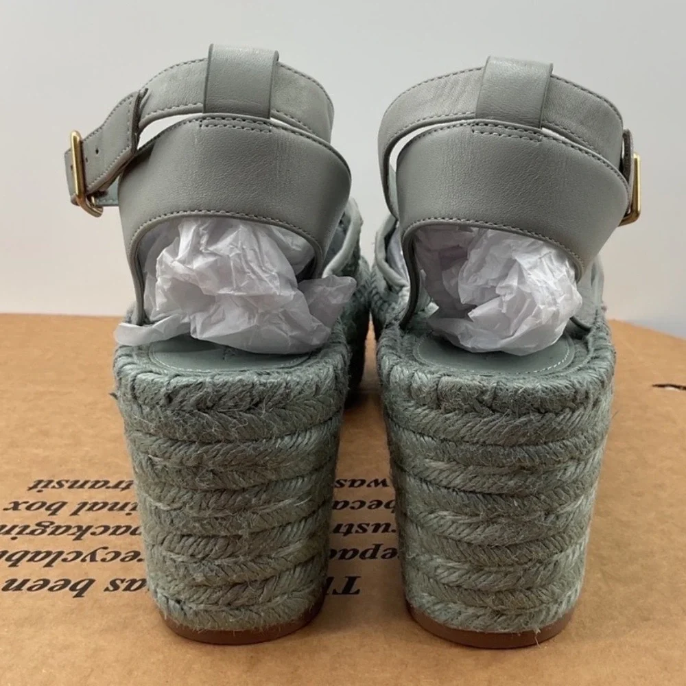 Tory Burch Selby Sage Green Woven Leather Espadrille Wedge Sandals Size 12